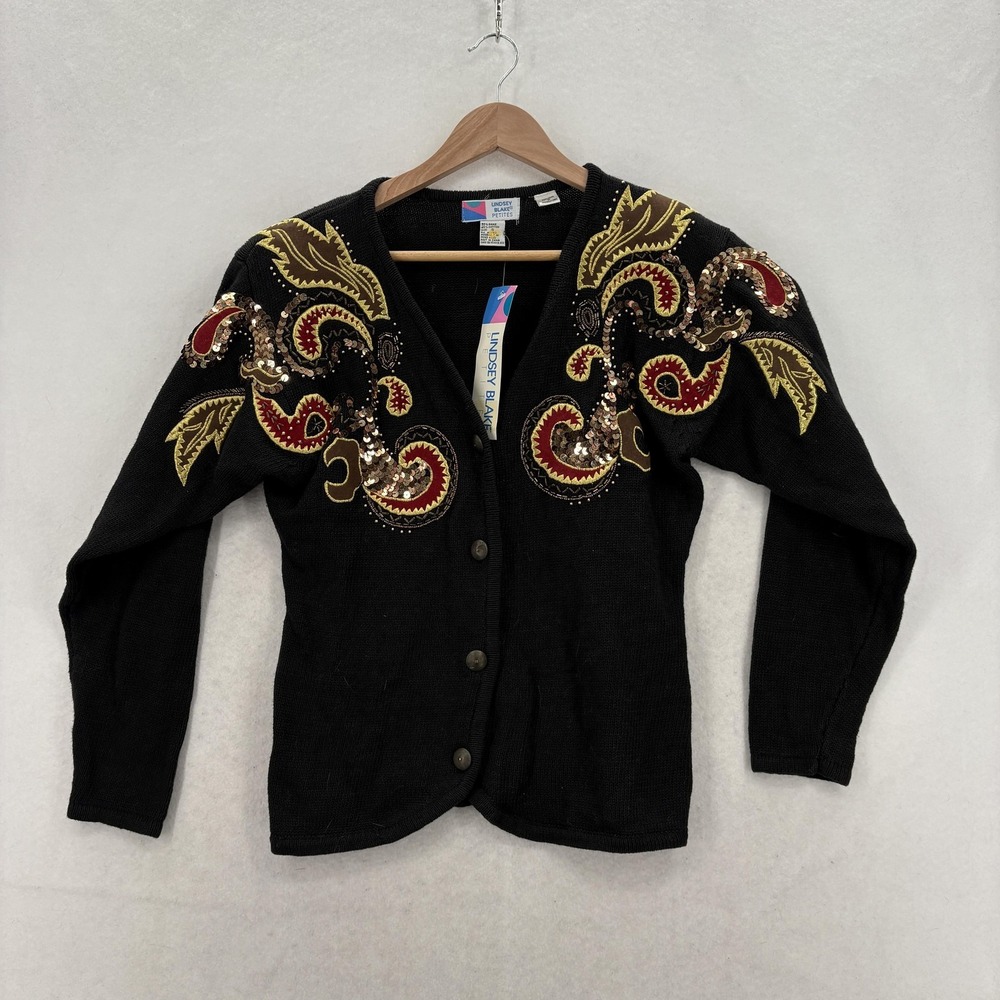 Vintage Lindsey Blake Cardigan Sweater Womens Small Petite Paisley Beaded Sequin